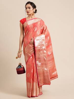 Red silk woven saree with blouse 4
