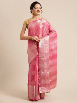 Pink silk woven saree with blouse 1