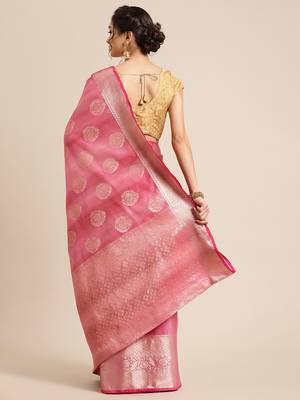 Pink silk woven saree with blouse 2