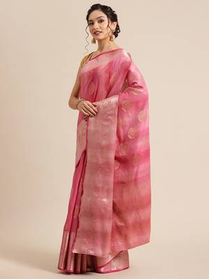 Pink silk woven saree with blouse 3