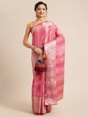 Pink silk woven saree with blouse 4