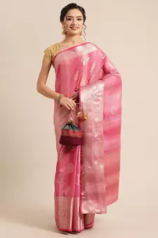 Pink silk woven saree with blouse