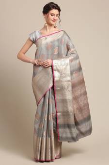 Grey silk woven saree with blouse