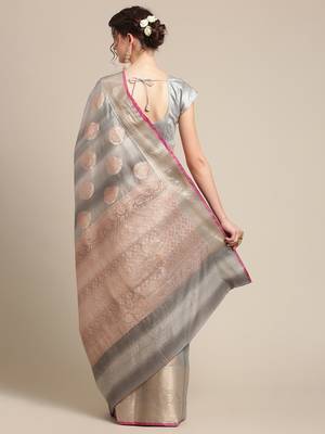 Grey silk woven saree with blouse 2