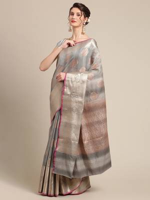Grey silk woven saree with blouse 3