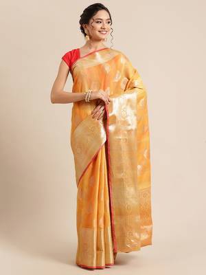 Gold silk woven saree with blouse 1