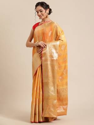 Gold silk woven saree with blouse 3