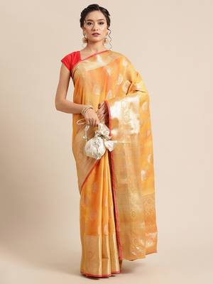 Gold silk woven saree with blouse 4
