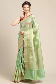green silk woven saree with blouse