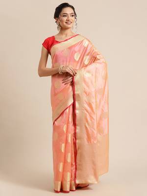 Pink silk woven saree with blouse 1