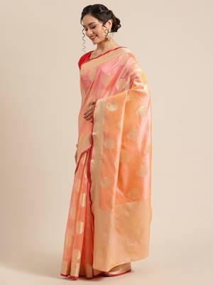 Pink silk woven saree with blouse 3