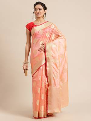 Pink silk woven saree with blouse 4