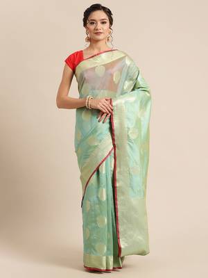 green silk woven saree with blouse 1