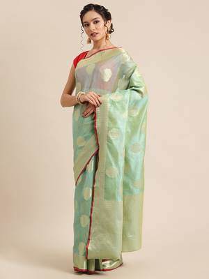 green silk woven saree with blouse 3