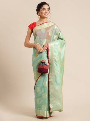 green silk woven saree with blouse 4