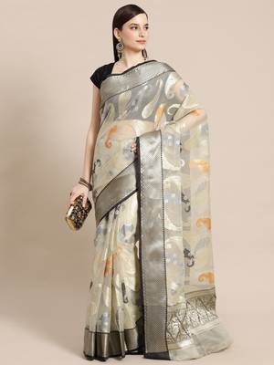 Grey silk woven saree with blouse 1