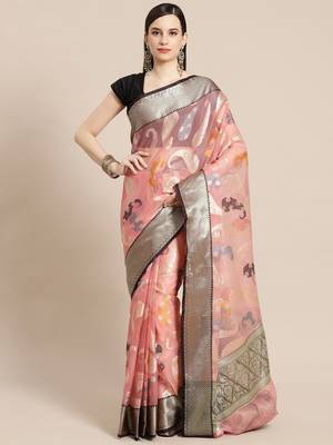 Pink silk woven saree with blouse 1