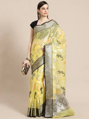 Gold silk woven saree with blouse 1