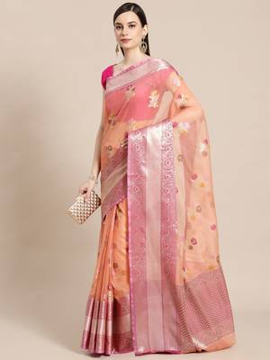 Peach silk woven saree with blouse 1