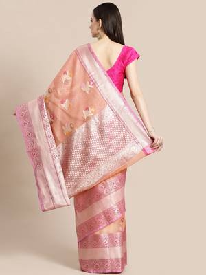 Peach silk woven saree with blouse 2