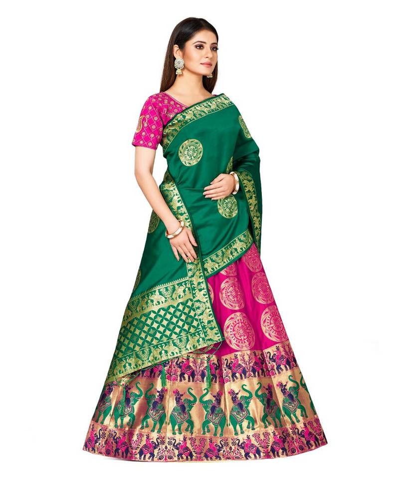 pink art silk semi stitched zari woven Choli & lehenga ghagra with dupatta