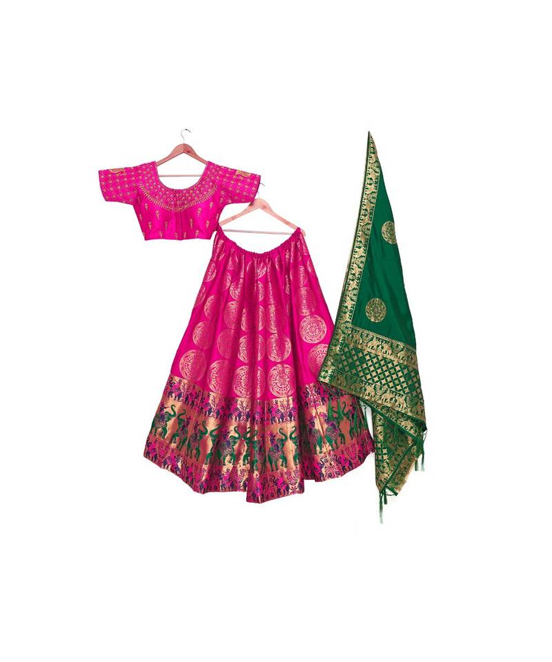pink art silk semi stitched zari woven Choli & lehenga ghagra with dupatta
