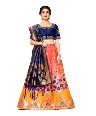peach art silk semi stitched zari woven Choli & lehenga ghagra with dupatta 1