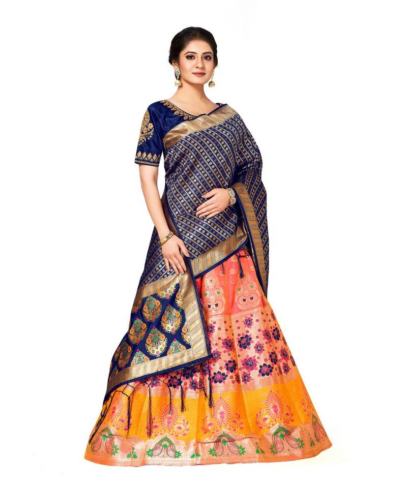 peach art silk semi stitched zari woven Choli & lehenga ghagra with dupatta
