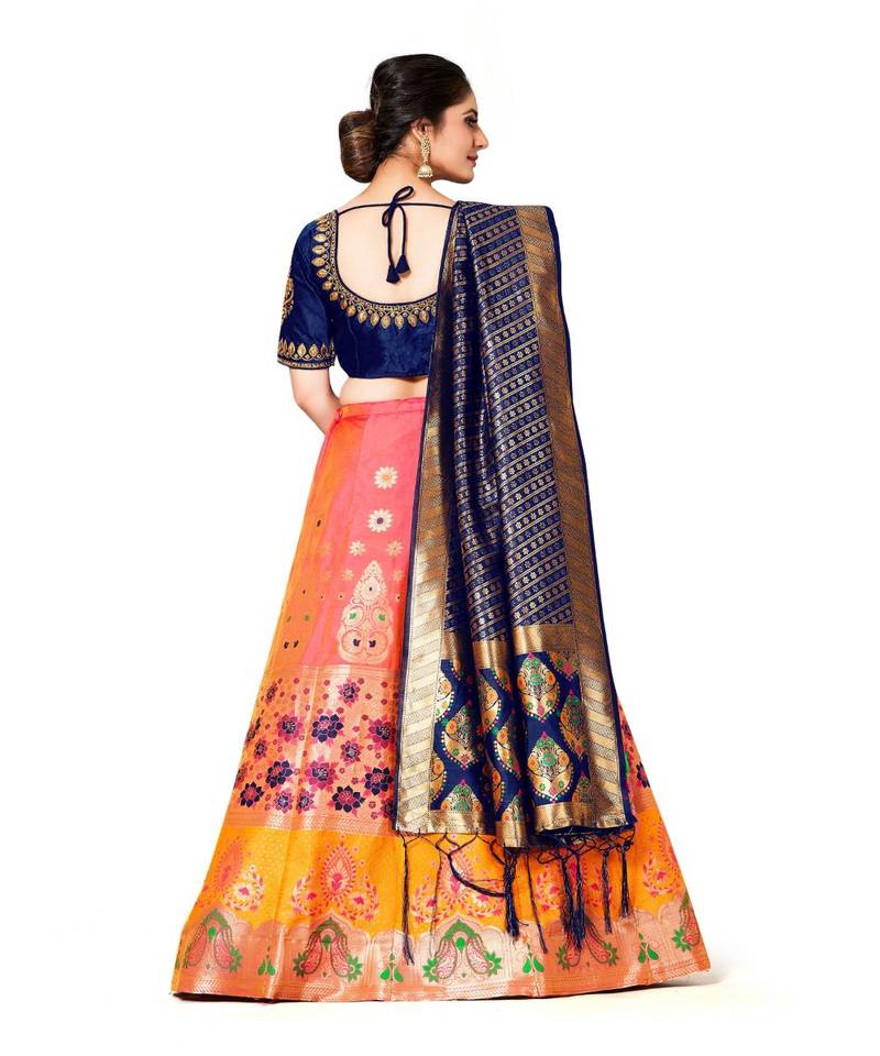 peach art silk semi stitched zari woven Choli & lehenga ghagra with dupatta