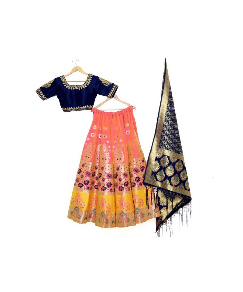 peach art silk semi stitched zari woven Choli & lehenga ghagra with dupatta