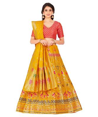 gold art silk semi stitched zari woven Choli & lehenga ghagra with dupatta 1