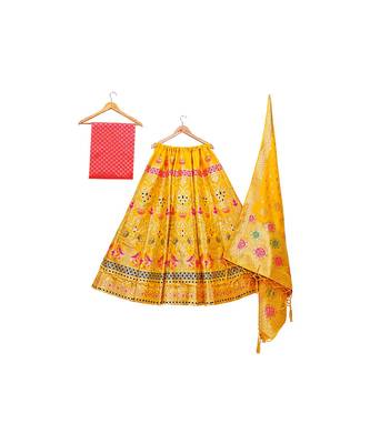 gold art silk semi stitched zari woven Choli & lehenga ghagra with dupatta 4