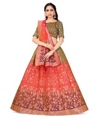peach art silk semi stitched zari woven Choli & lehenga ghagra with dupatta 1