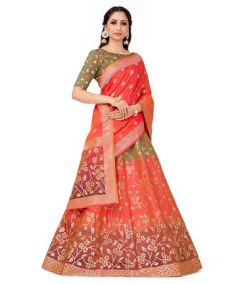 peach art silk semi stitched zari woven Choli & lehenga ghagra with dupatta 2