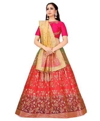 peach art silk semi stitched zari woven Choli & lehenga ghagra with dupatta 1