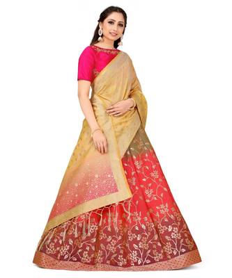 peach art silk semi stitched zari woven Choli & lehenga ghagra with dupatta 2