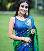GREEN WITH ROYAL BLUE Banarasi Sarees COMBINATION AND ROYAL BLUE BLOUSE