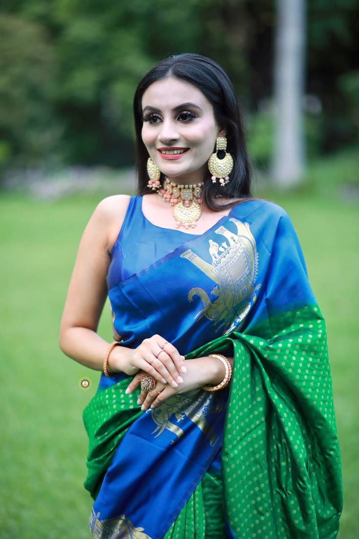 GREEN WITH ROYAL BLUE Banarasi Sarees COMBINATION AND ROYAL BLUE BLOUSE