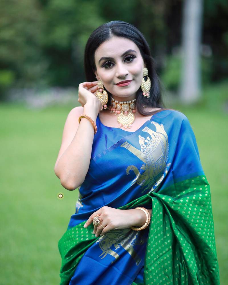 GREEN WITH ROYAL BLUE Banarasi Sarees COMBINATION AND ROYAL BLUE BLOUSE