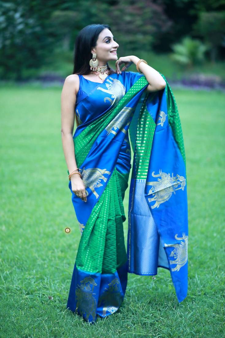 GREEN WITH ROYAL BLUE Banarasi Sarees COMBINATION AND ROYAL BLUE BLOUSE