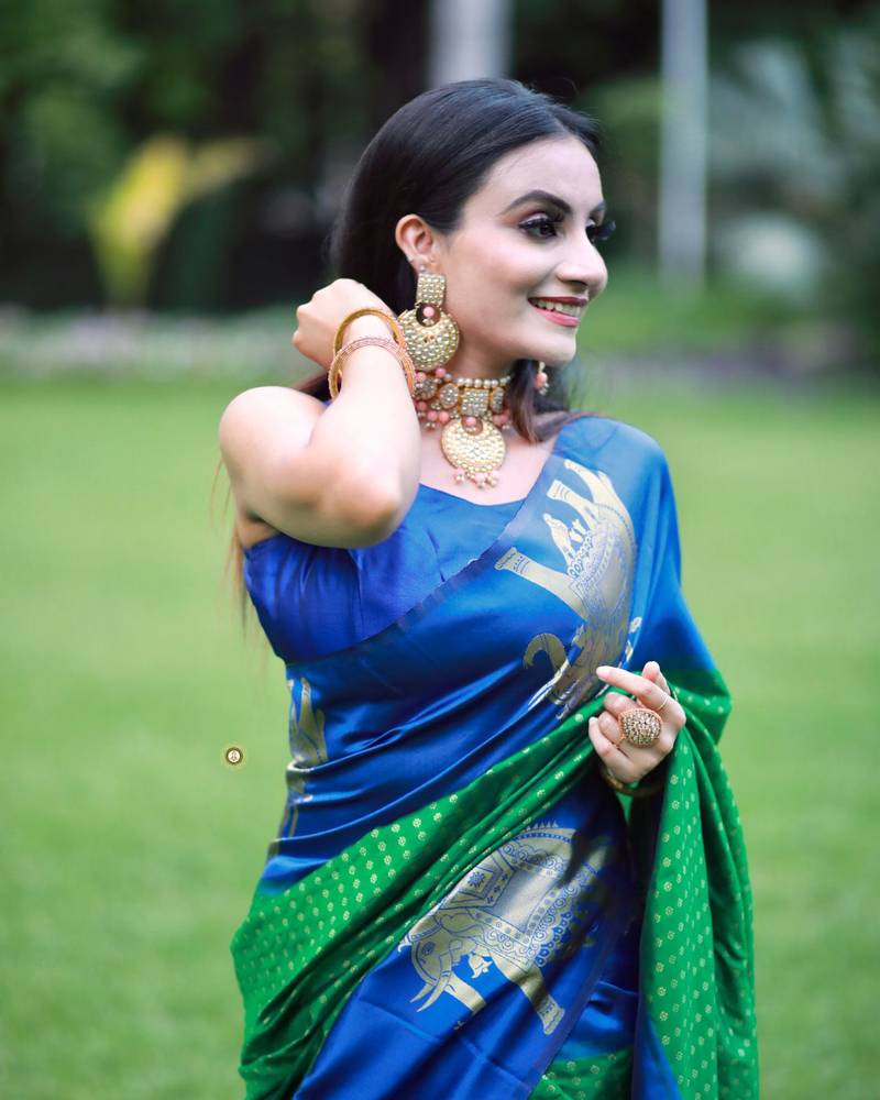 GREEN WITH ROYAL BLUE Banarasi Sarees COMBINATION AND ROYAL BLUE BLOUSE