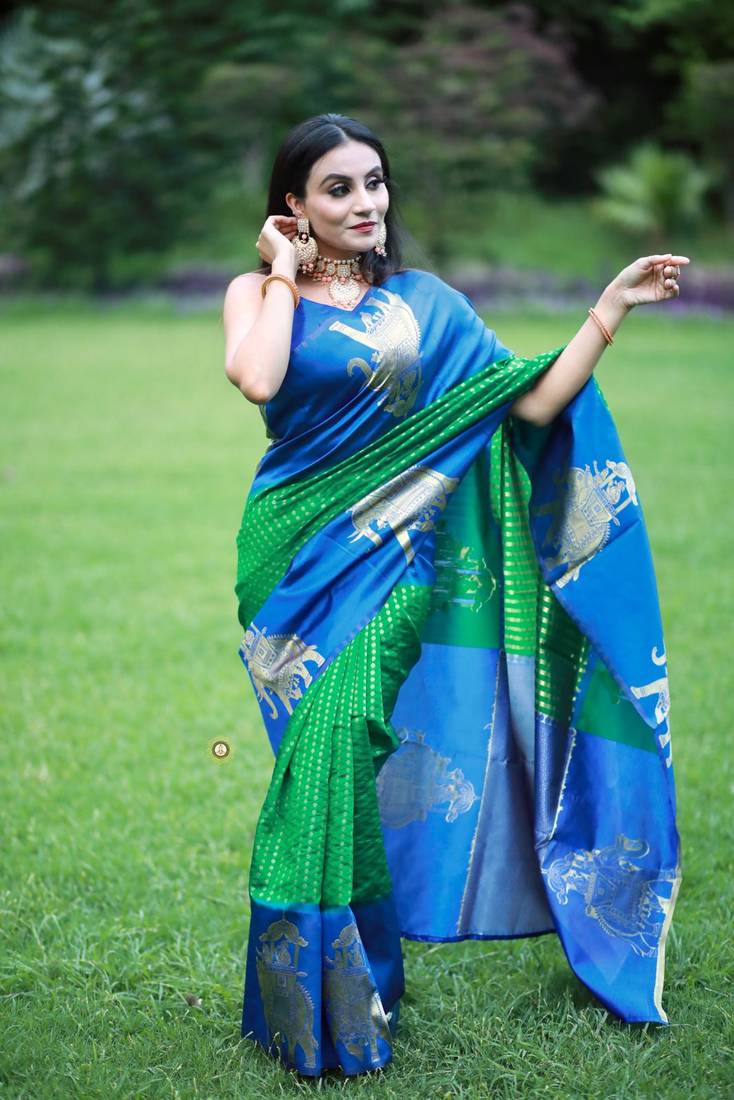 GREEN WITH ROYAL BLUE Banarasi Sarees COMBINATION AND ROYAL BLUE BLOUSE