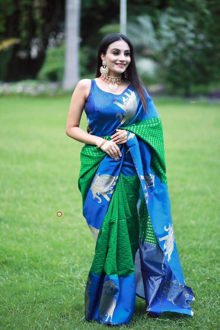 GREEN WITH ROYAL BLUE Banarasi Sarees COMBINATION AND ROYAL BLUE BLOUSE