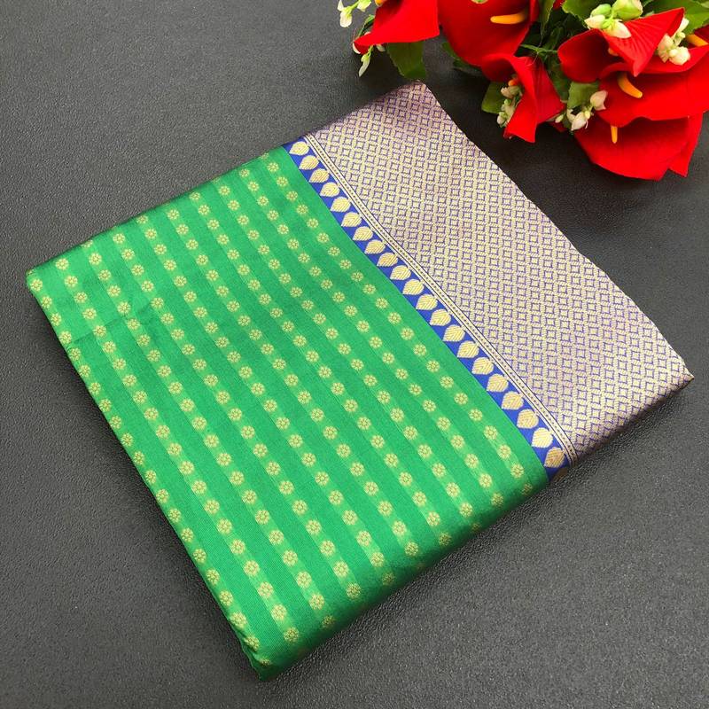 GREEN WITH ROYAL BLUE Banarasi Sarees COMBINATION AND ROYAL BLUE BLOUSE