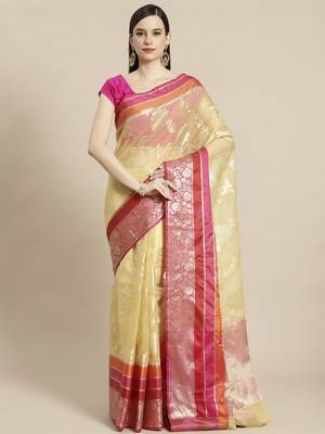 Beige silk woven saree with blouse 1