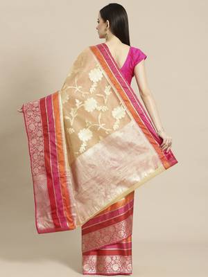 Beige silk woven saree with blouse 2