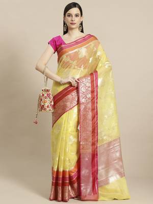 Gold silk woven saree with blouse 1