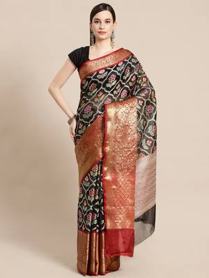 Black Art Silk woven saree with blouse 1