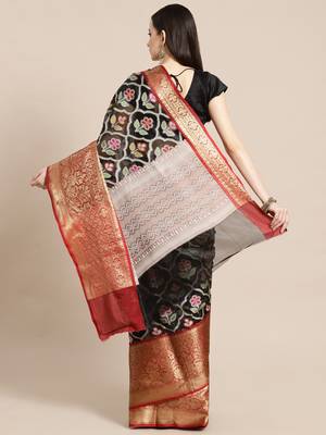 Black Art Silk woven saree with blouse 2