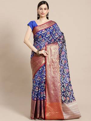 Blue Art Silk woven saree with blouse 1